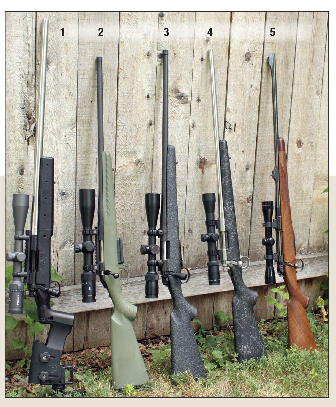 Test rifles include a (1) Custom Sisk 6XC, (2) Ruger American Rifle Predator 6mm Creedmoor, (3) Bergara B-14 Ridge 6.5 Creedmoor, (4) Custom Sisk 6.5 PRC and a (5) Heym SR-21 .300 Winchester Magnum.